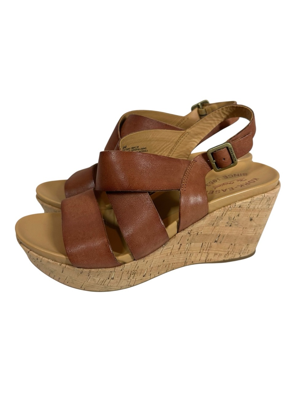 KORK-EASE Women's 9 Brown Leather Slingback Cross Strap Cork Wedge Sandals - Picture 5 of 8